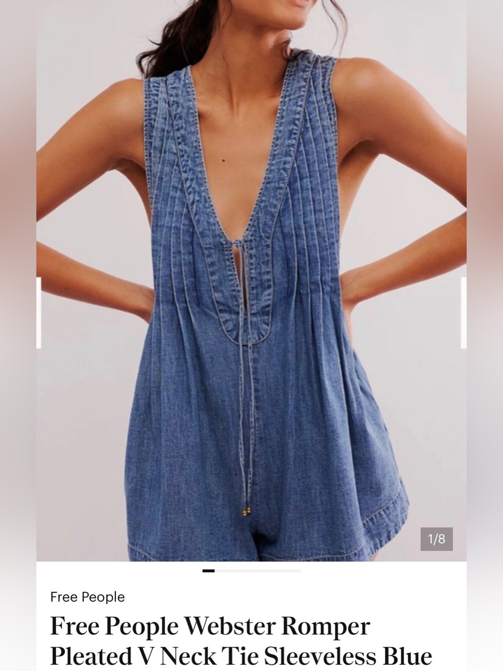 Free People Blue Denim Pleated V-Neck Tie Sleeveless Romper